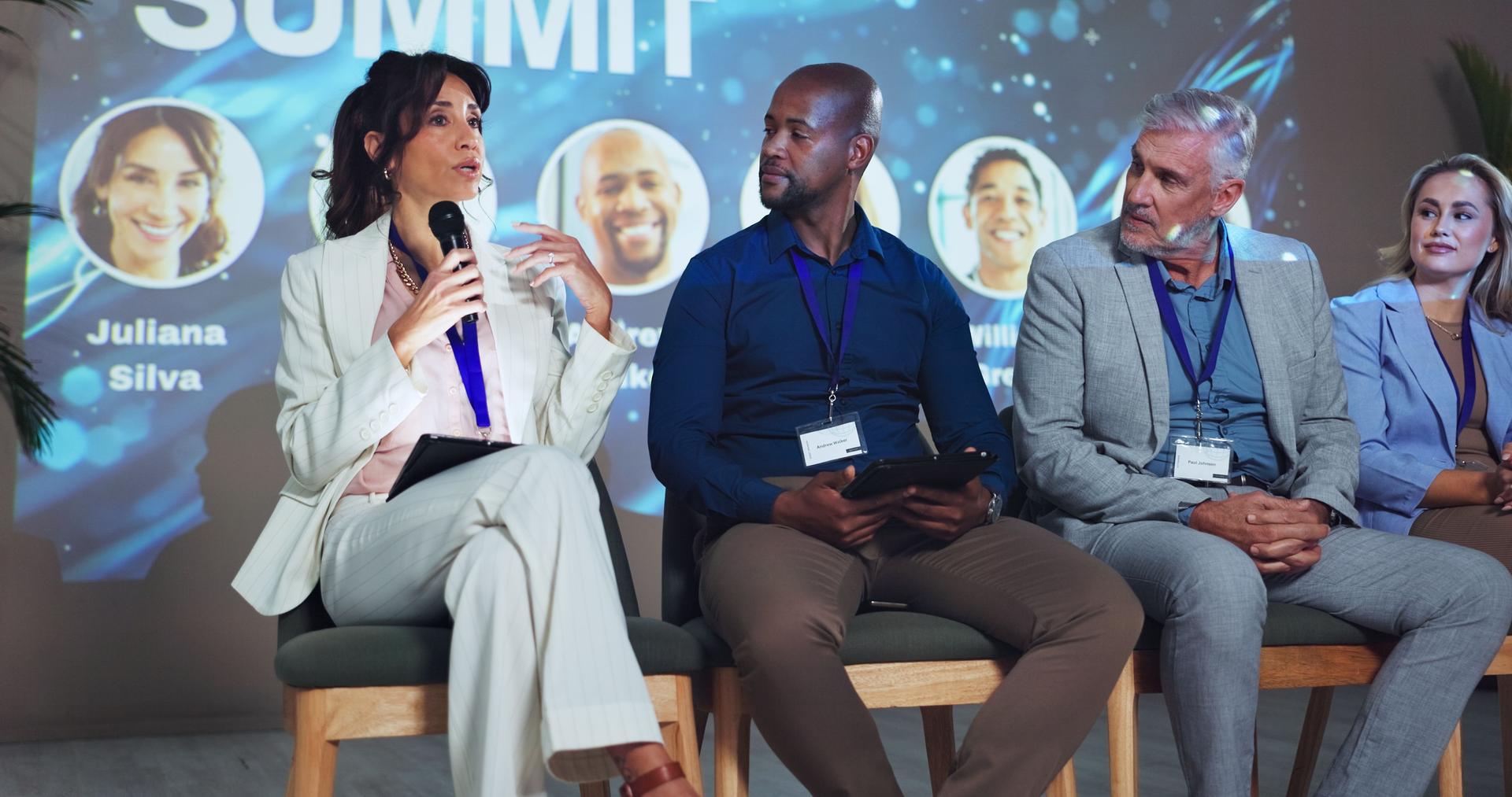 Stage, seminar and summit with business people and technology for networking, industry panel and keynote speaker. Hackathon, conference and ai ethics with speech for audience, event showcase and news