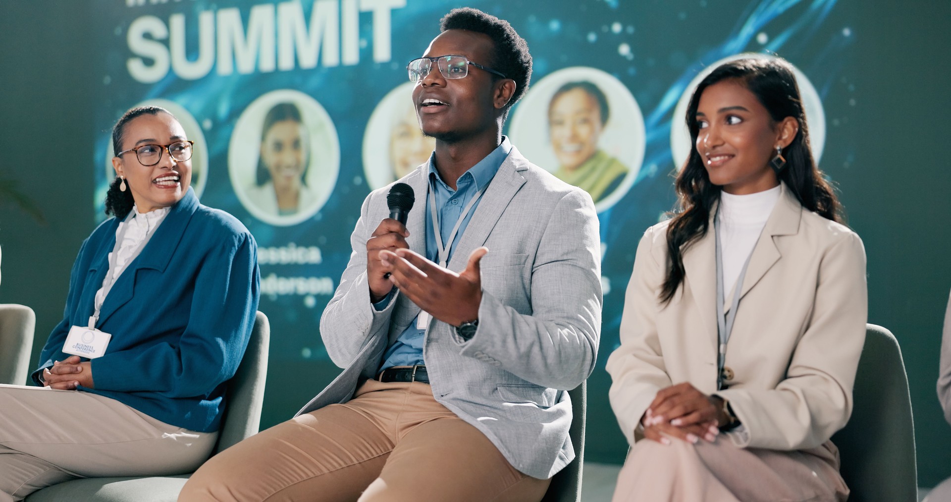 Presentation, man or talk at seminar for speech, climate change or sustainability at global summit. Male researcher, representative or diversity at event for environment care, knowledge or conference